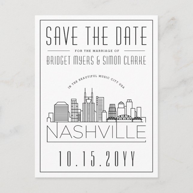 Nashville Wedding | Stylised Skyline Save the Date Postcard (Front)