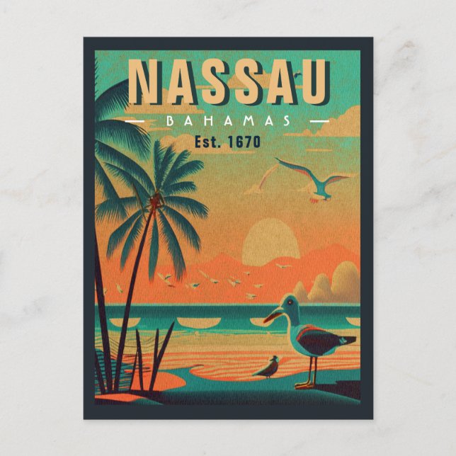 Nassau Bahamas Retro Seagull Souvenir 1950s Postcard (Front)