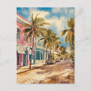 Nassau Bahamas Street Travel Art Watercolor Postcard