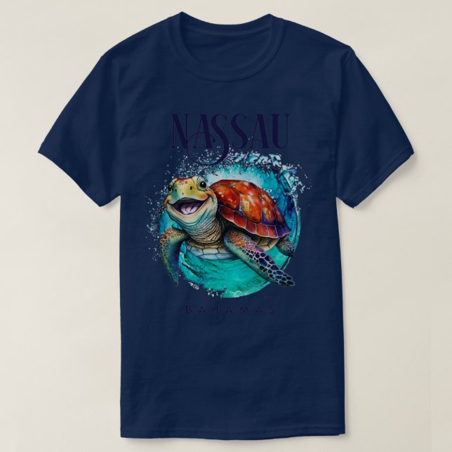 Nassau Bahamas Watercolor Happy Sea Turtle T-Shirt (Design Front)