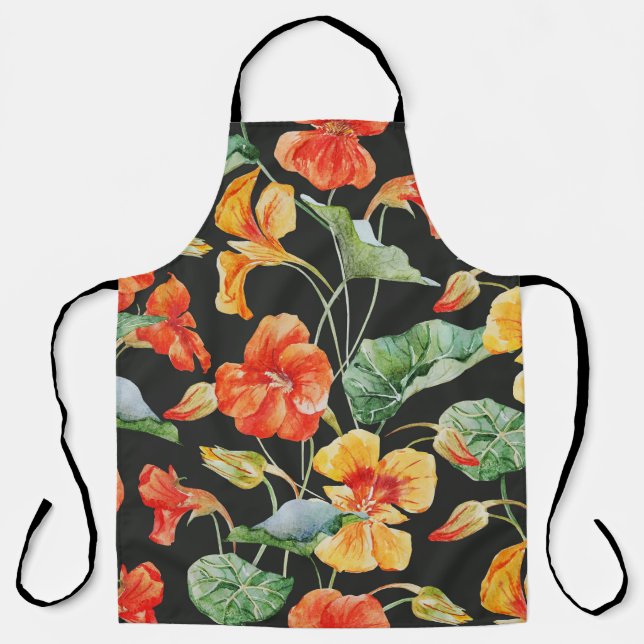Nasturtium Orange: Watercolor Dark Pattern. Apron (Front)