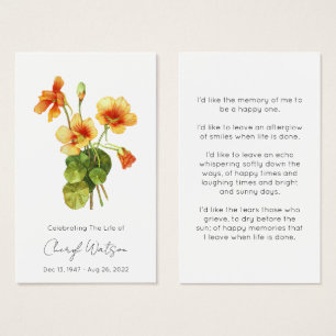 Nasturtium Simple Funeral Memorial Prayer Card