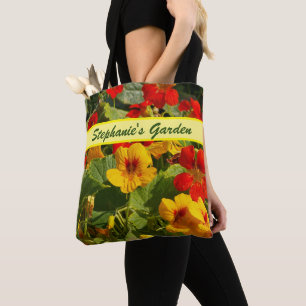 Nasturtiums, orange yellow, garden, your own name, tote bag