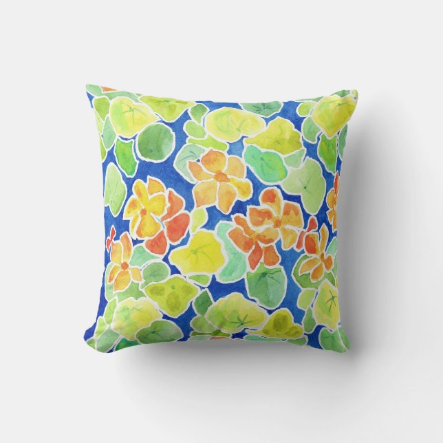 Nasturtiums Red Blue Green Floral Pattern Cushion (Front)