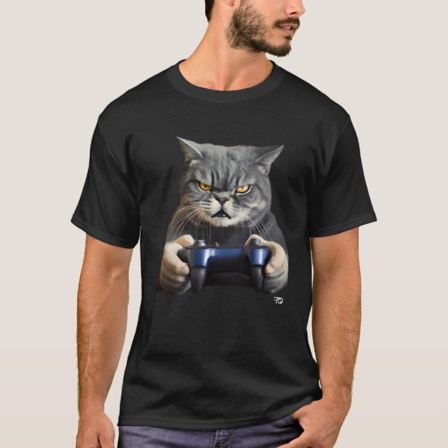 Nasty Gaming Cat With An Evil Look. Gamer T-Shirt (Front)