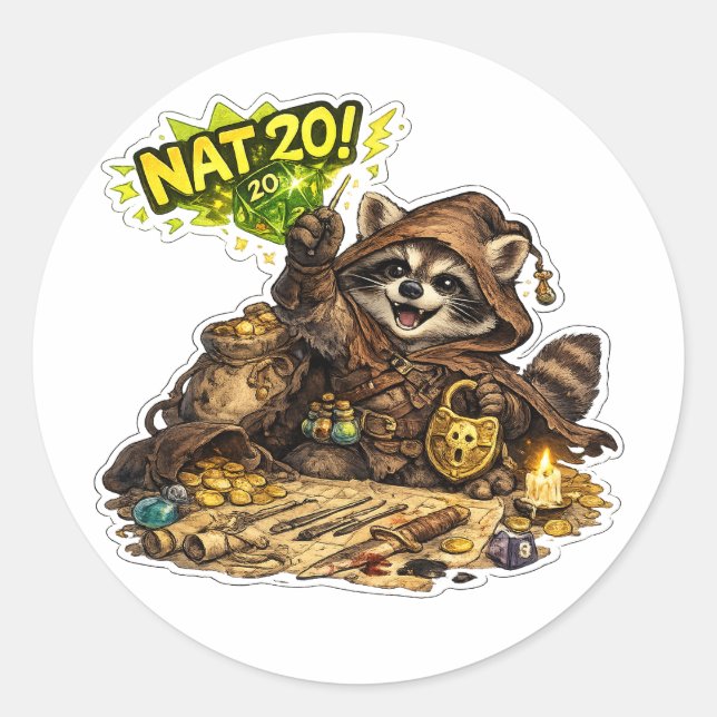 Nat 20 Dice Hoarding Racoon RPG Sticker (Front)