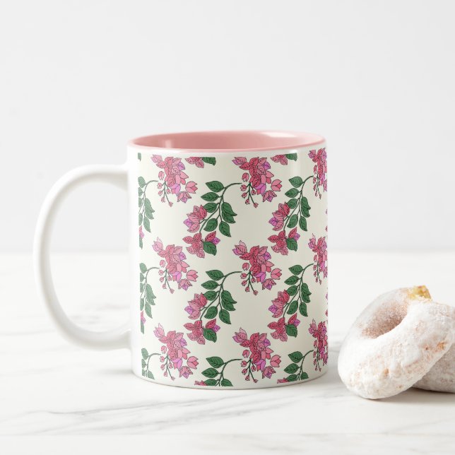 Natalia Flower on Natural White  Two-Tone Coffee Mug (With Donut)
