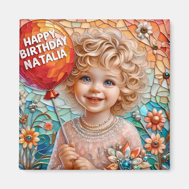 NATALIA~ Happy Birthday ~ Cute Girl Balloon ~  Magnet (Front)