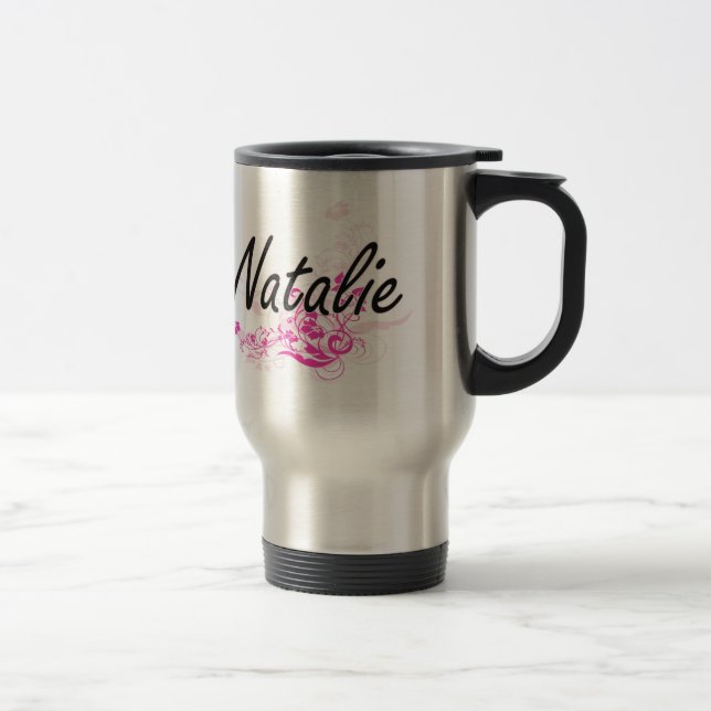 Natalie Artistic Name Design with Flowers Travel Mug (Right)