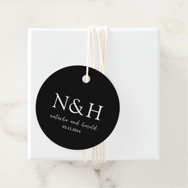 Natasha Black Monogram Modern Wedding Favour Tags (In Situ)