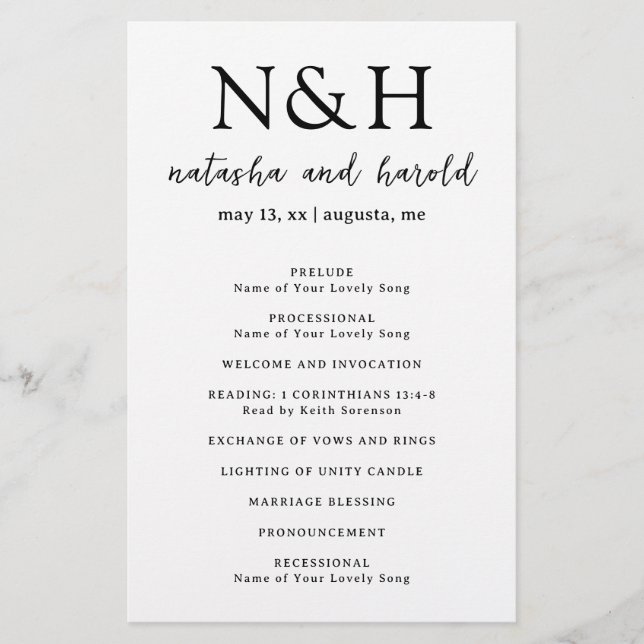 Natasha Monogram Modern Wedding Program (Front)