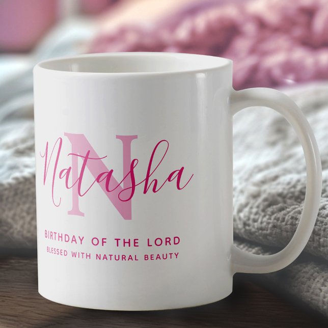 Natasha name meaning and monogram pink text coffee mug (Creator Uploaded)