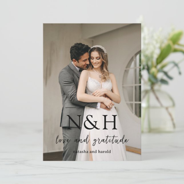 Natasha Photo Monogram Modern Wedding Thank You Card (Standing Front)