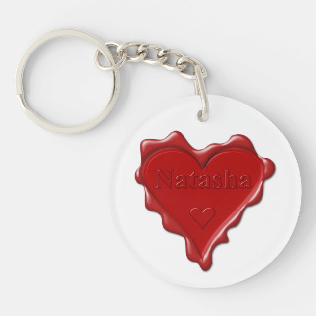 Natasha. Red heart wax seal with name Natasha Key Ring (Front)