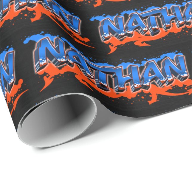 Nathan first name name Graffiti blue orange Wrapping Paper (Roll Corner)