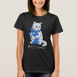 National ALS Awareness Month Blue Ribbon Cute Cat T-Shirt