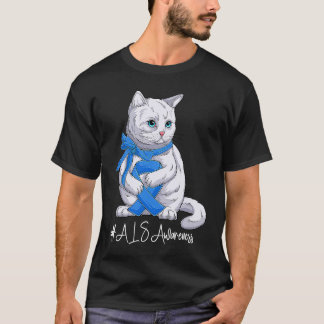 National ALS Awareness Month Blue Ribbon Cute Cat T-Shirt