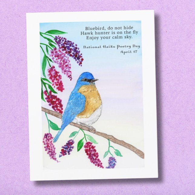 National Haiku Watercolor Blue Bird In Lilac Tree Card (Creator Uploaded)