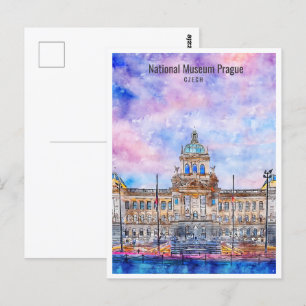 National Museum Prague Travel Place Watercolor Postcard