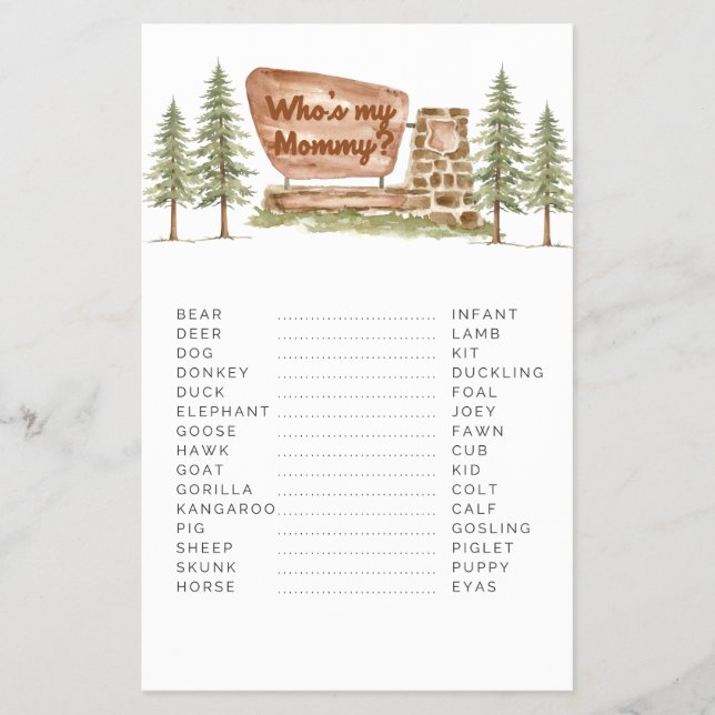 National Park Baby Shower Games Whos My Mummy Flyer (Front)