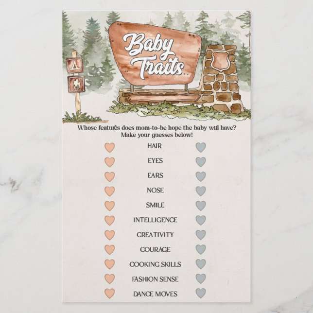 national park baby traits baby shower game  (Front)