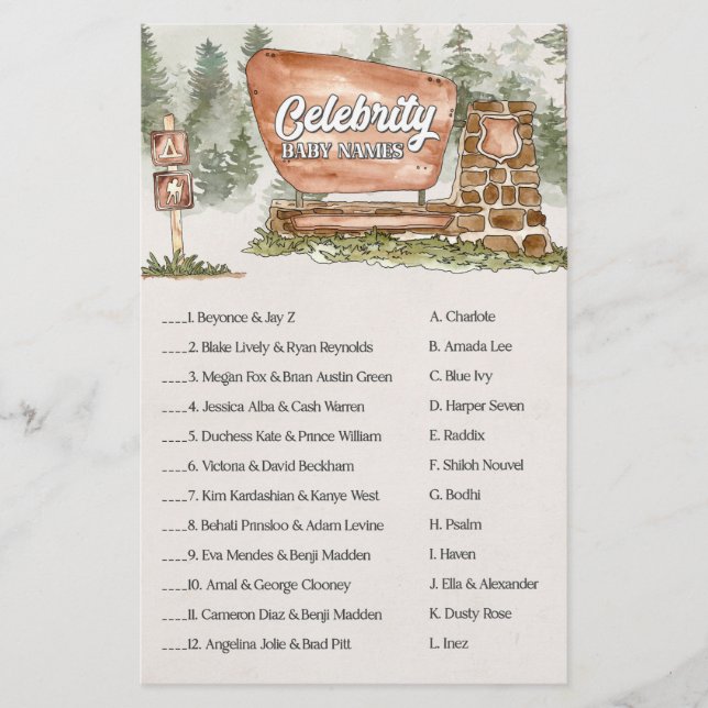 national park celebrity baby names shower game  (Front)