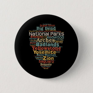 National Parks List Word Cloud Camping Hiking Men 6 Cm Round Badge