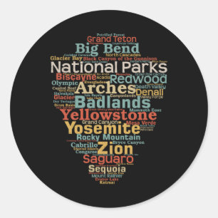 National Parks List Word Cloud Camping Hiking Men Classic Round Sticker