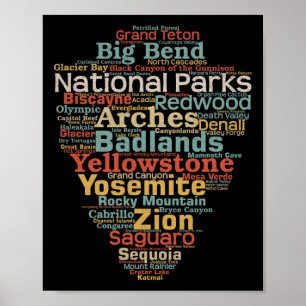 National Parks List Word Cloud Camping Hiking Men Poster