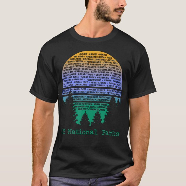 National Parks List Word Cloud Sunset Trees Men Wo T-Shirt (Front)
