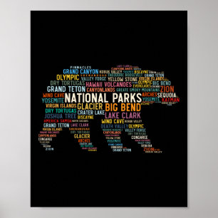 National Parks Usa List Word Cloud Bear Camping An Poster