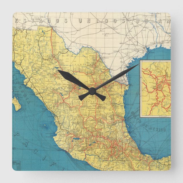 National Railroads of Mexico Map Square Wall Clock (Front)