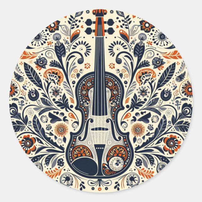  National Violin Day Melody Sticker with Folk Art  (Front)