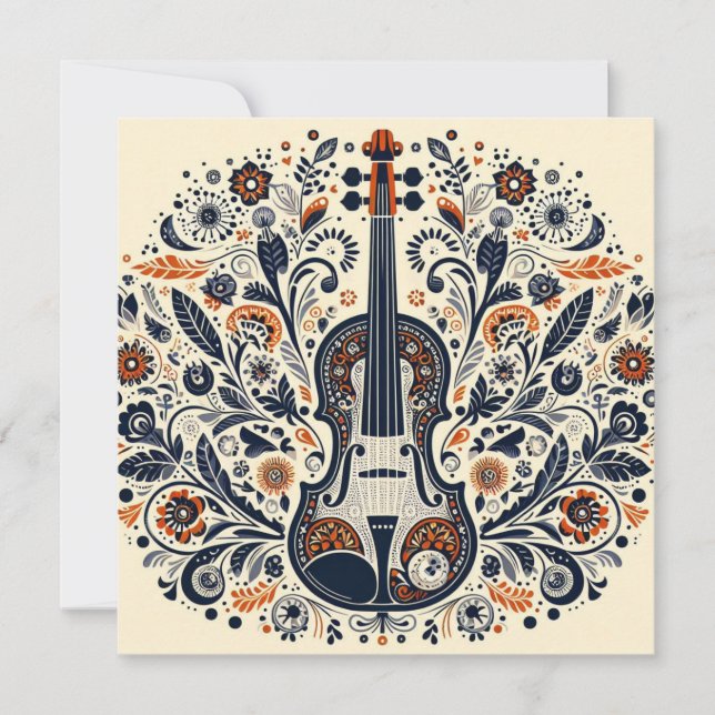  National Violin Day Melody Sticker with Folk Art  Holiday Card (Front)