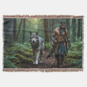 Nativ American Warrior & Wolf Wildlife Design Throw Blanket