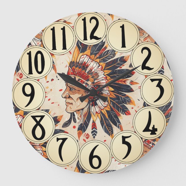 Native American  Art Vintage Chief Large Clock (Front)