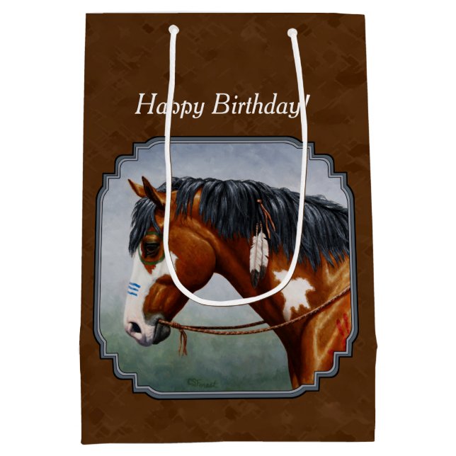 Native American Bay Pinto Horse Brown Medium Gift Bag (Back)