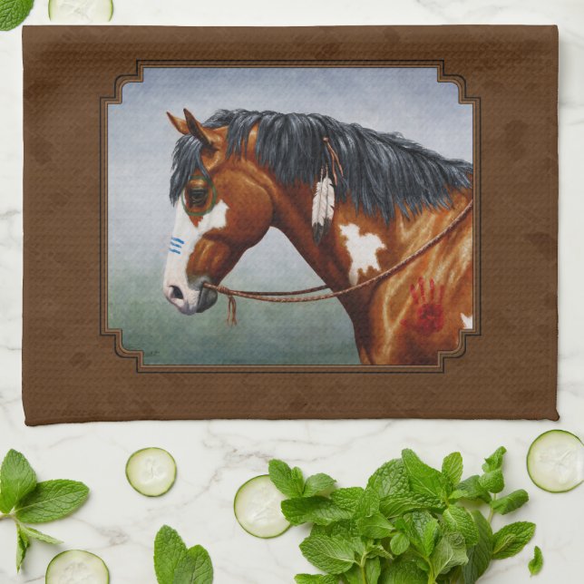 Native American Bay Pinto Horse Brown Tea Towel (Folded)