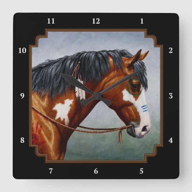 Native American Bay Pinto Horse Square Wall Clock (Front)
