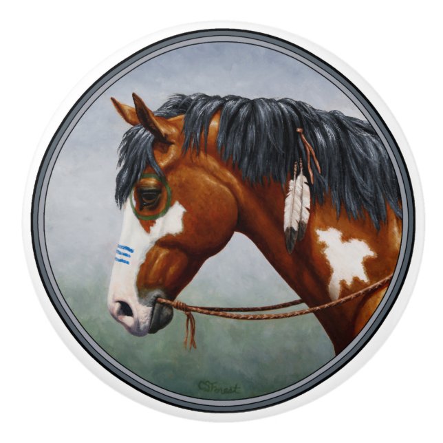 Native American Bay Pinto War Horse Ceramic Knob (Front)