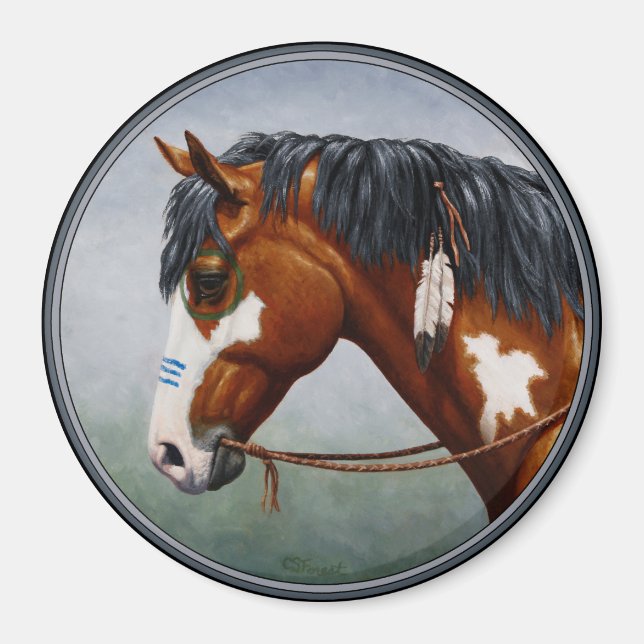 Native American Bay Pinto War Horse Magnet (Front)