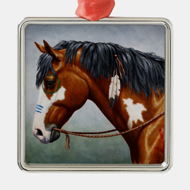 Native American Bay Pinto War Horse Metal Ornament (Front)