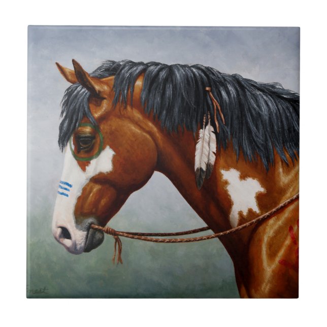 Native American Bay Pinto War Horse Tile (Front)