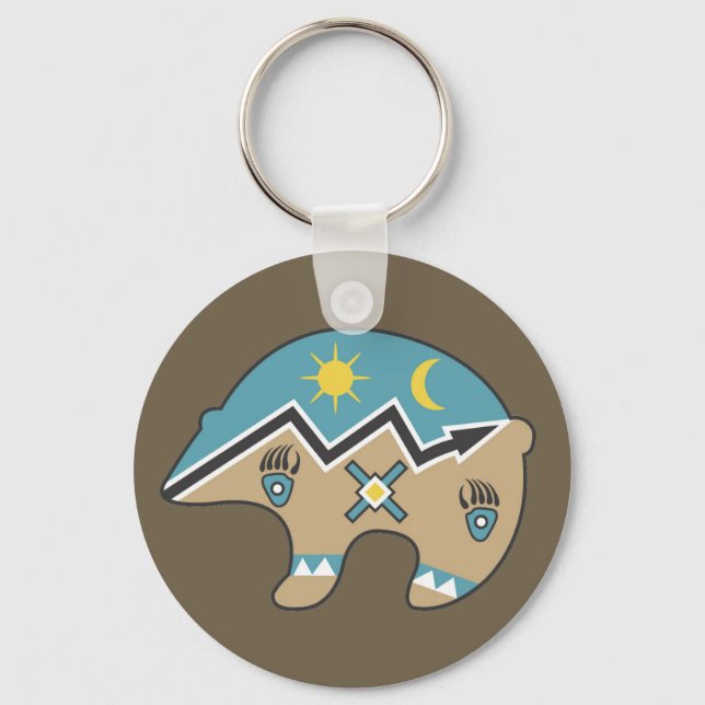 Native American Bear, blue, brown Key Ring (Front)
