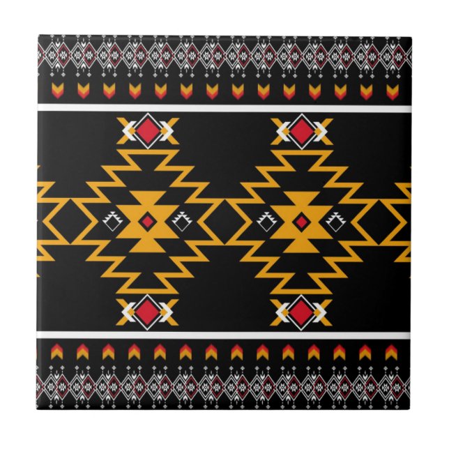 Native American Black Red Yellow Tribal Pattern Ceramic Tile (Front)
