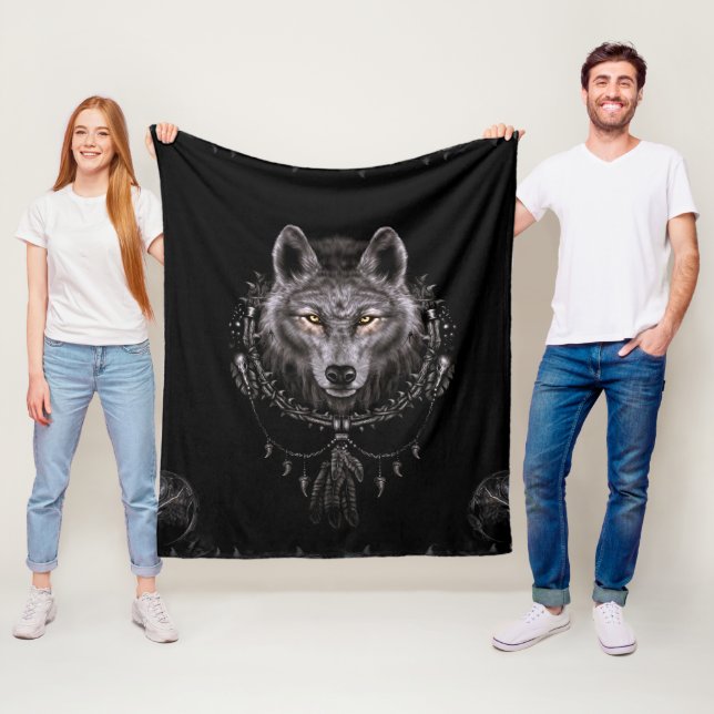 Native American Black Wolf Fleece Blanket (In Situ)