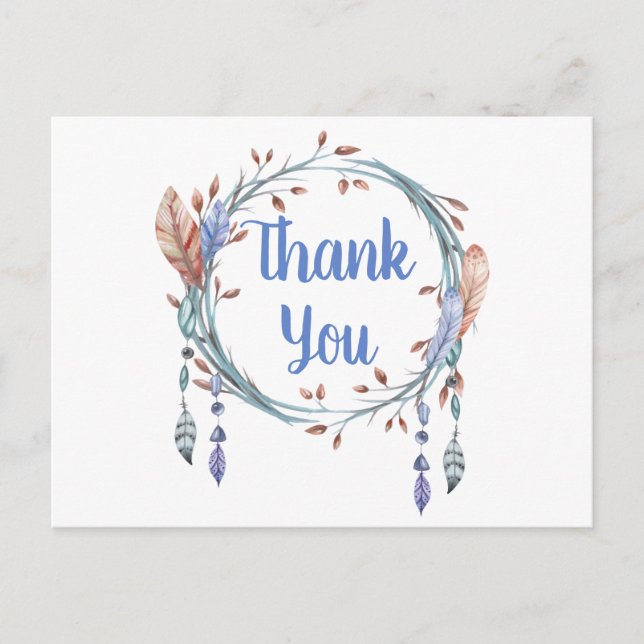 Native American Blue Tribal Feather Boho Thank You Postcard (Front)