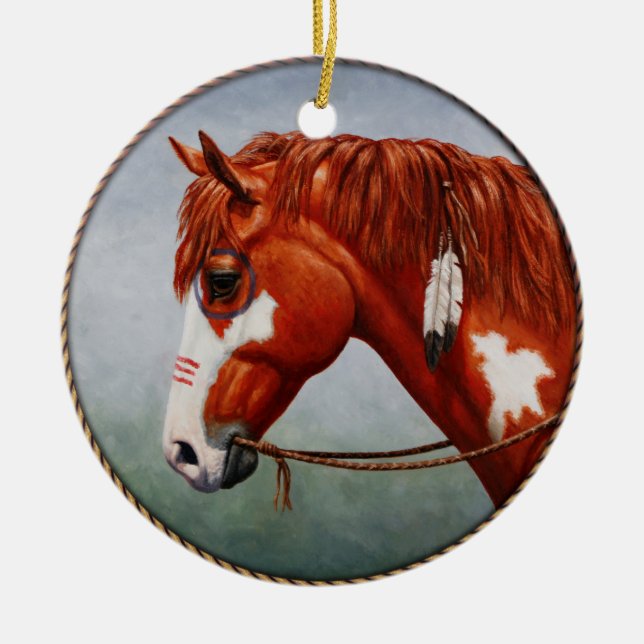 Native American Chestnut Pinto War Horse Ceramic Tree Decoration (Front)