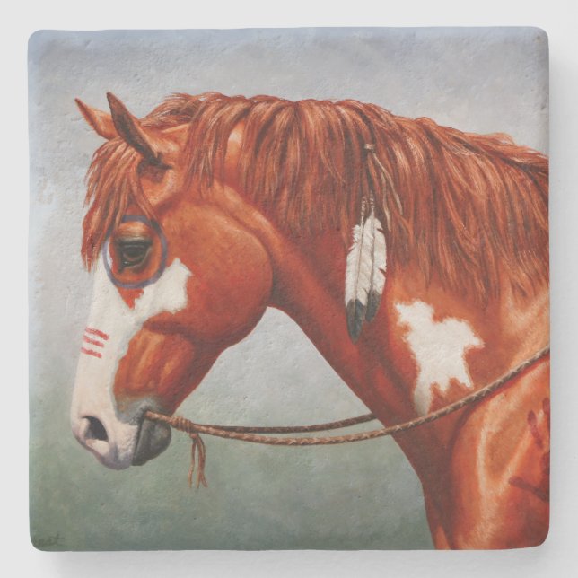 Native American Chestnut Pinto War Horse Stone Coaster (Front)