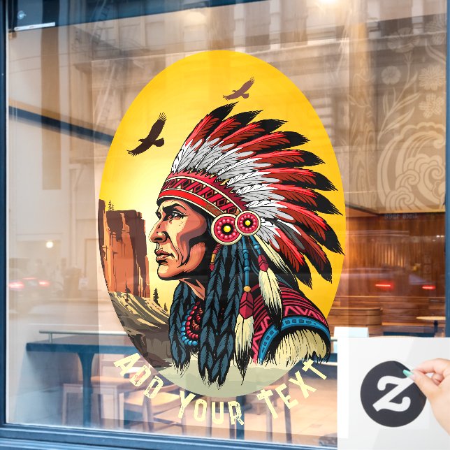 Native American Chief on wild Landscape Sunset (Cafe Window)